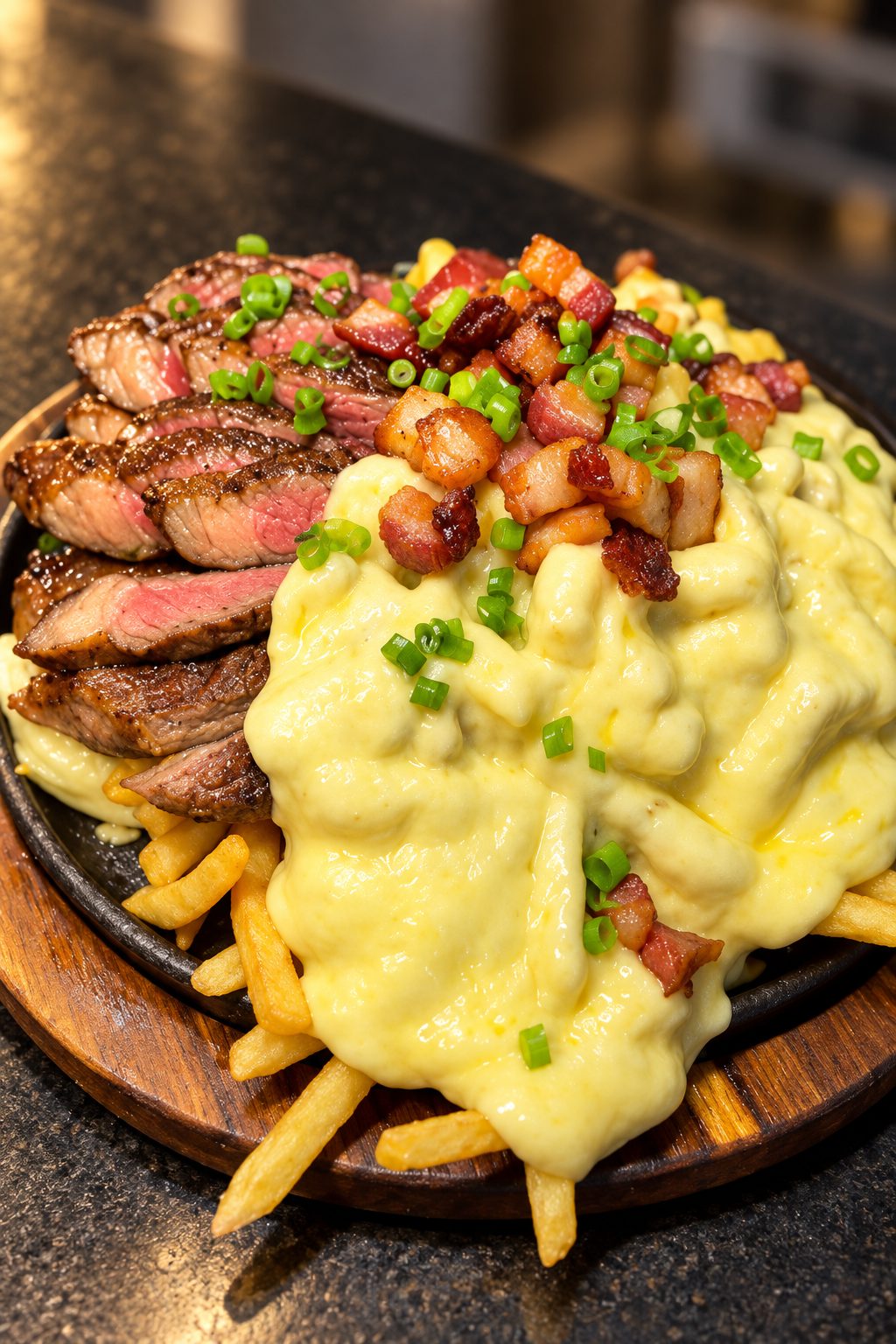 Carnes na chapa com batata frita e queijo